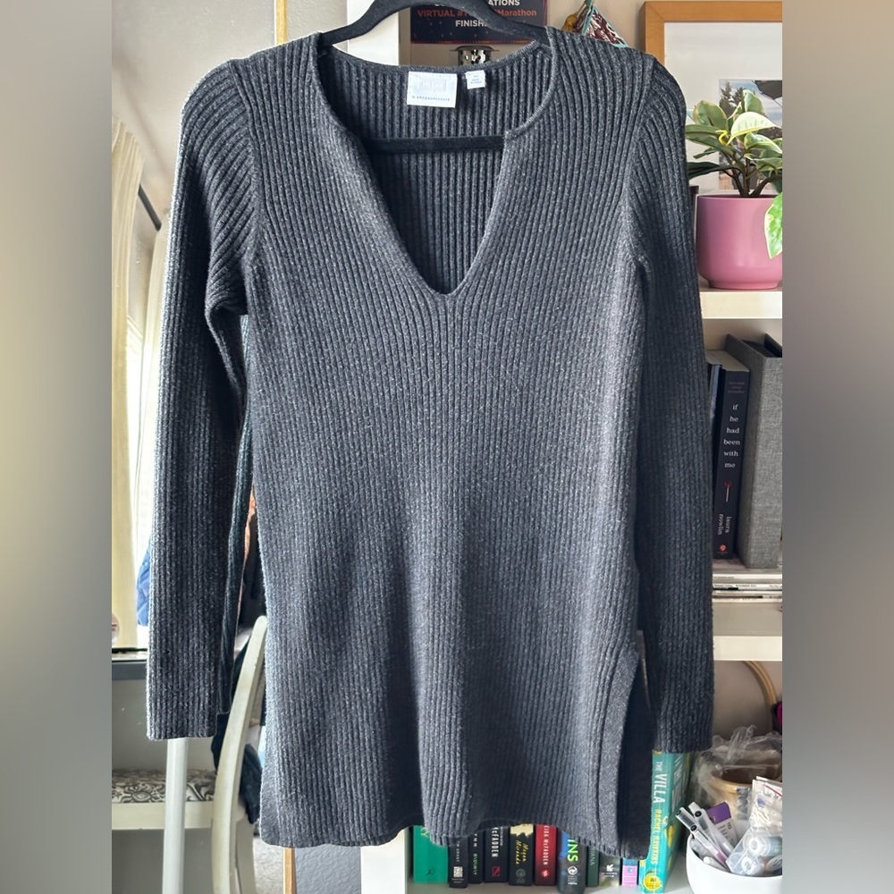 Anthropologie Ett:twa Women Gray Ribbed Tunic V Neck Sweater Wool Blend